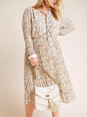 Current Air Brezzy Neutral Snake-Print Tie-Neck Long Sleeve Midi Dress Medium